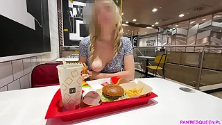 Hot blonde flashes and masturbates big pumped pussy round public restaurant